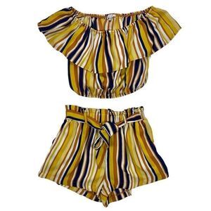 IRIS 2 Pieces Off Shoulder Top & Short Set Sz M Brown Yellow Stripes‎ Boho Beach